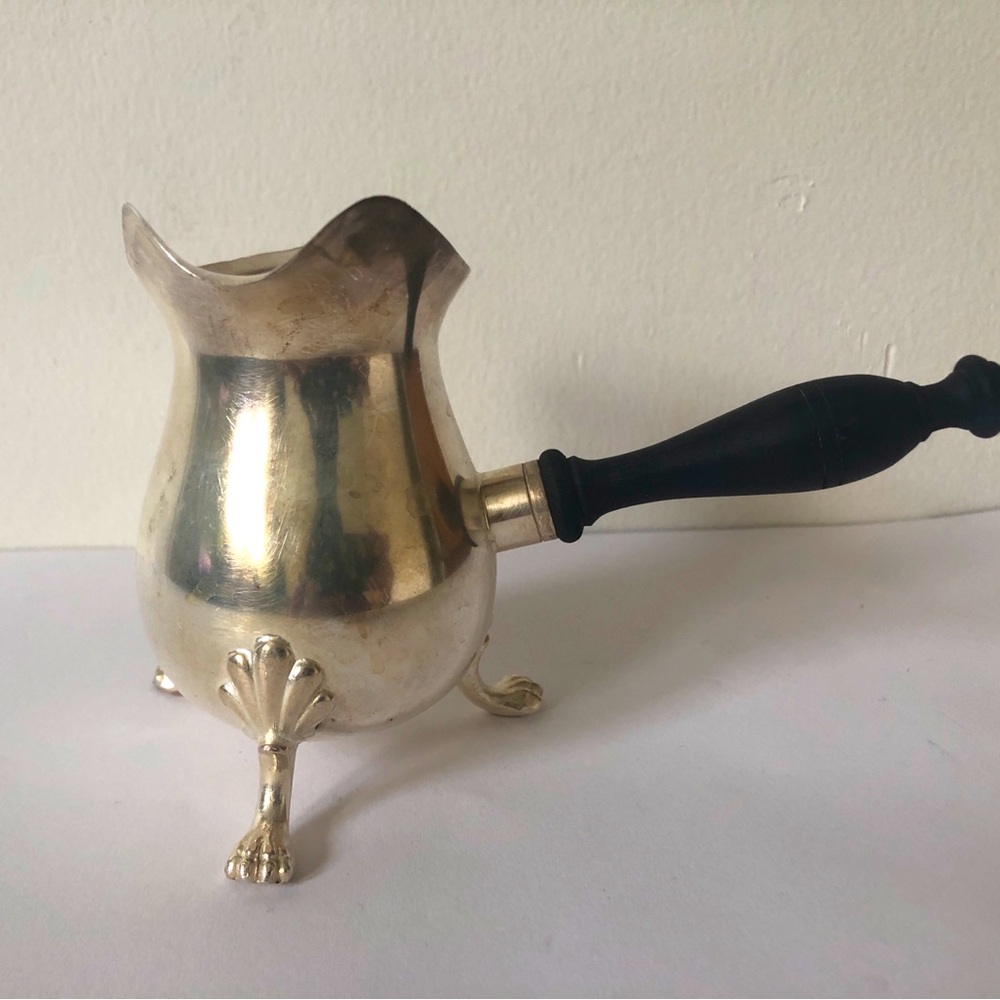 Vintage Crescent Silver Plated Creamer with wood handle and footed creamer